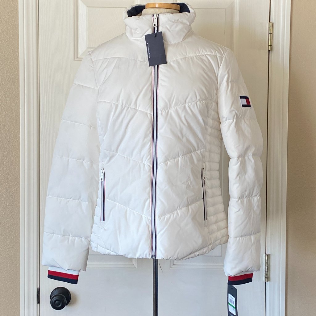 Tommy Hilfiger Big Logo Chevron Full Zip Puffer Coat Jacket White 6 Deg F